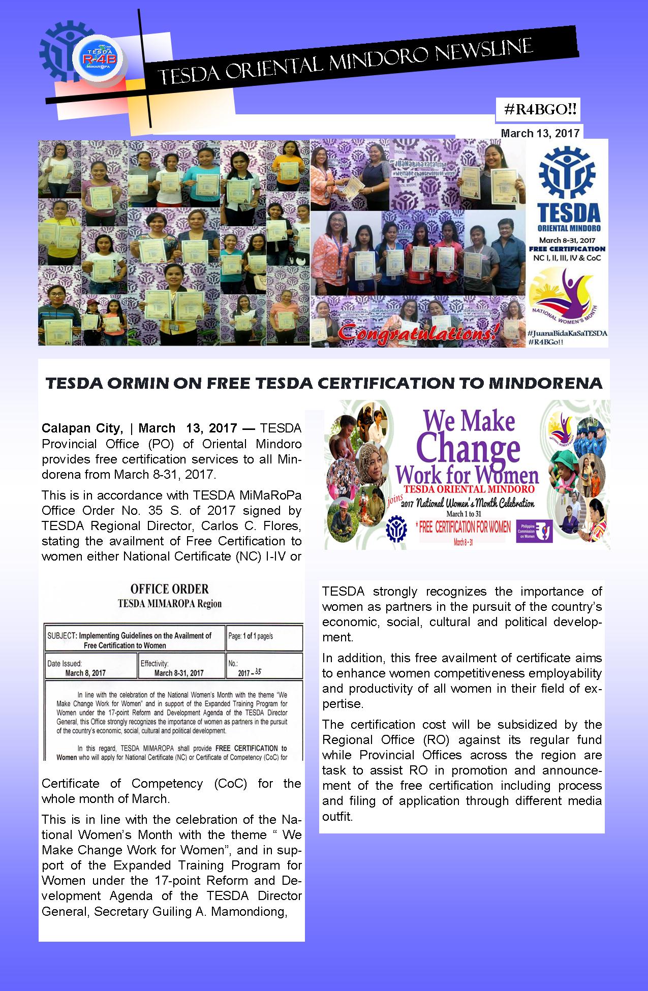 TESDAORMINFREECERTIFICATION